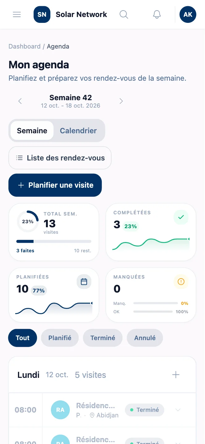 Application mobile Weymeo : l'agenda de la semaine et un rendez-vous client prêt à démarrer