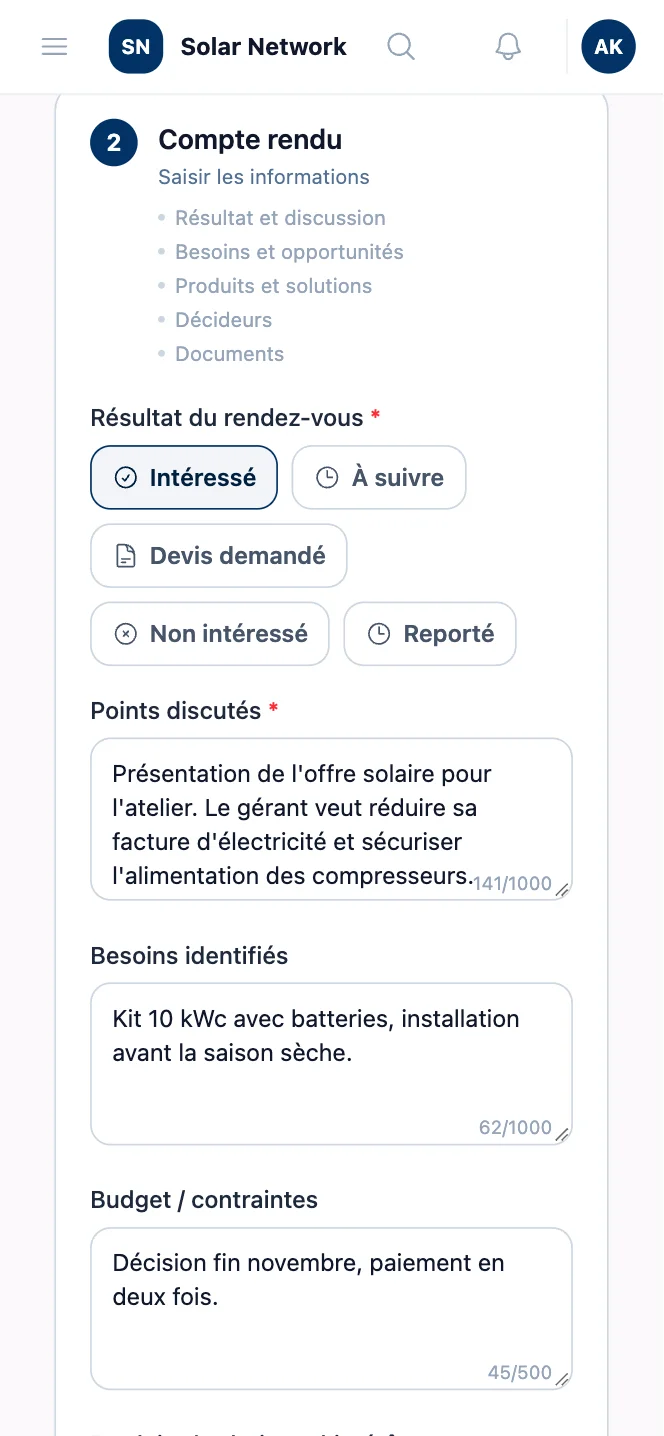 Application Weymeo : compte rendu de visite avec le résultat, les points discutés et les besoins du client