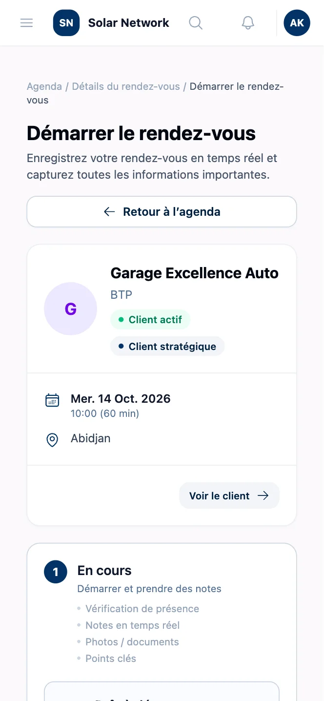 Application mobile Weymeo : l'agenda de la semaine et un rendez-vous client prêt à démarrer